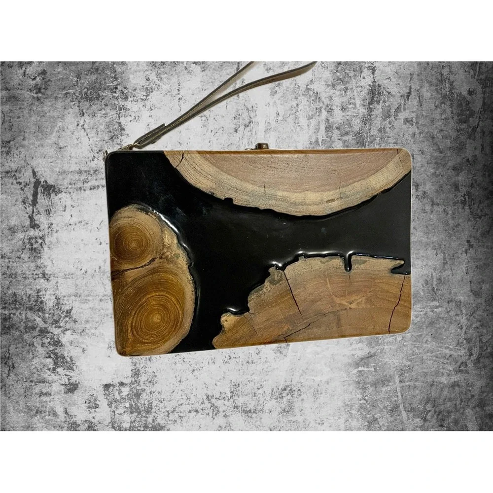 Biofurface $250 Teak Wood Side Handle Bag with Epoxy Resin Eco Friendly Art Fall